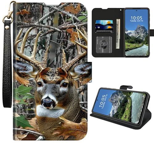 DIGTIALL Étui portefeuille pour TCL 60 NxtPaper 17,3 cm avec porte-cartes de crédit et dragonne, coque de protection magnétique antichoc en cuir synthétique, motif cerf camouflage de chasse