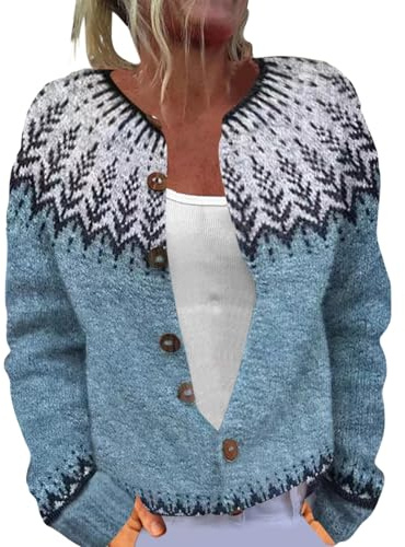Generisch Pull norvégien en laine pour femme - Cardigan court - Élégant et ample - Manteau en tricot ethnique - Veste traditionnelle à manches longues - Veste polaire chaude - Automne et hiver, Marine