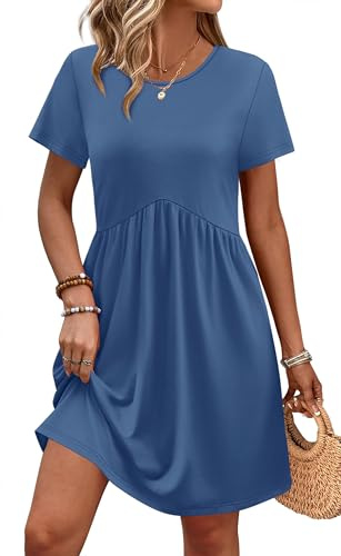 OFEEFAN Babydoll Dress for Women Short Sleeve Casual Dresses for Women Tshirt Dress with Pockets Blue M