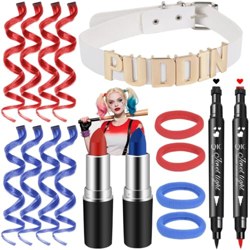 Clown Kostüm Damen Set Perücke Schminke - Joker Fasching Karneval Halloween | 17PCS Clown Accessories mit Herz-Halskette Eyeliner-Stempel Clip-on Haarverlängerung Gesichtsstift Haargummi für Erwachsene