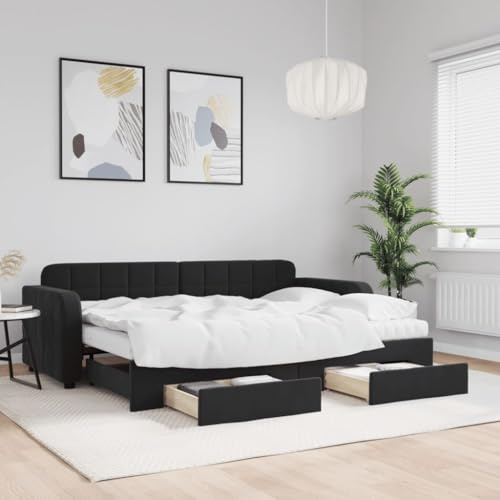 Bucmath Utdragbar dagsäng, svart sammet, 80 x 200 cm, med lådor, innehåller 2 madrasser, bäddsoffa möbler