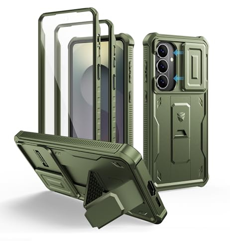 Dexnor Compatible con Funda Samsung Galaxy S26 Plus,con Tapa Protectora Deslizante de Cámara & Protector de Pantalla & Stent, Reforzada Antisísmica Cubierta Protectora Carcasa Case - Militar Verde