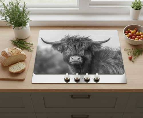 DEENZ Highland Cow Universal Hob Cover Plate 5 Mm Tempered Glass Black-White for All Types Cookers Kitchen Counter Decor Worktop Saver 4X Feet Chopping Board 60 X 52 Cm (HOB Cover)