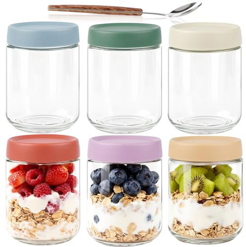 MR.KIANGCI 6 Pack Overnight Oats Jar, 500ml Glass Jars with Lids and Spoon | Reusable Wide Mouth Mason Jars Overnight Oats Containers for Yogurt,Snacks,Fruit,Salad Dressing,Dry Food Storage,Leak Proof