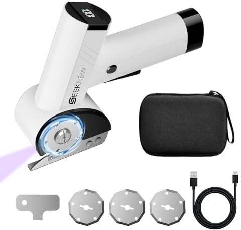 SEEKNEW Cordless Electric Scissors with LED Display, 4-Speed Adjustment Power Box Cutter for Cardboard Recycling, 4 Blades & Front Light, USB-C Rechargeable Scissors for Plastic Leather, White