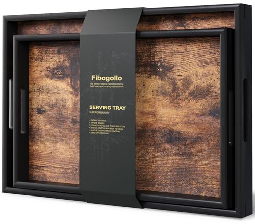 Fibogollo 2er-Set Serviertabletts aus Holz mit Griffen, dekorative Tabletts, Frühstückstablett für das Bett, großes Couchtisch-Tablett, Tabletts für Speisen und Getränke zum Essen