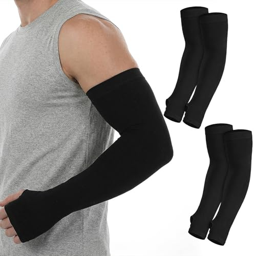 Grevosea 2 Pairs Arm Sleeves with Thumb Hole, Golf Cooling UV Protection Sun Sleeves Compression Tattoo Cover up Sleeve for Men/Women