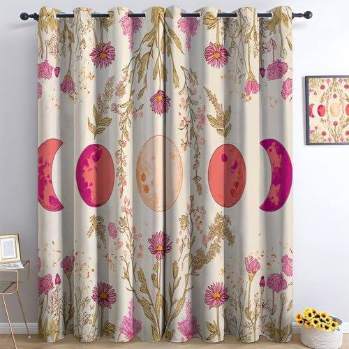 Blickdichte Vorhänge für Schlafzimmer 245 x 280 cm, Pflanzen Blumen Mond Vorhänge Blickdicht Wohnzimmer Curtains - mit ösen - Isolierung/Lärmreduzierung Verdunkelungsvorhänge, Creme
