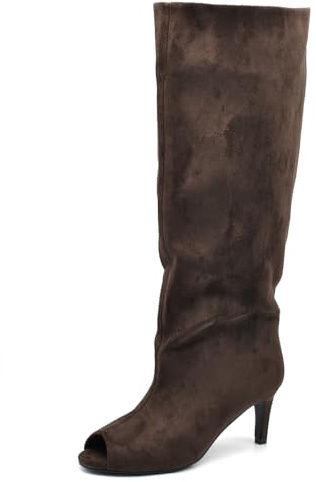 IF Stivali Donna Spuntati Effetto Camoscio, Stivali Alti con Punta Aperta e Tacco Sottile, Gambale Morbido Arricciabile, Scarpe Eleganti da Sera e Cerimonia 52228 marrone N.38