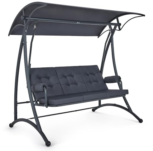 M MCombo 3-Sitzer Hollywoodschaukel mit Liegefunktion, Schaukelbank Outdoor Wetterfest, 3 Extradickem Sitzkissen & Silent-Haken, Gartenschaukel bis 300kg Belastbar, 4025 (grau)