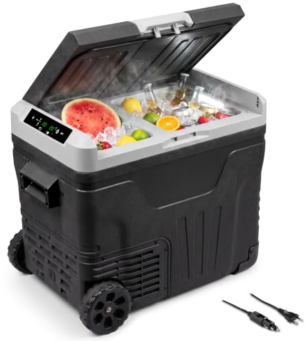 KLAMER Kühlbox 46L Schwarz, Kompressor, -20°C, 12V & 230V, Rollen, Camping