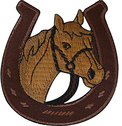 ELLU Hufeisen-Aufnäher zum Aufnähen oder Aufbügeln, für Kleidung, Jacke, Pony, Reiten, bestickt, 7 cm x 7,5 cm, 1 Stück