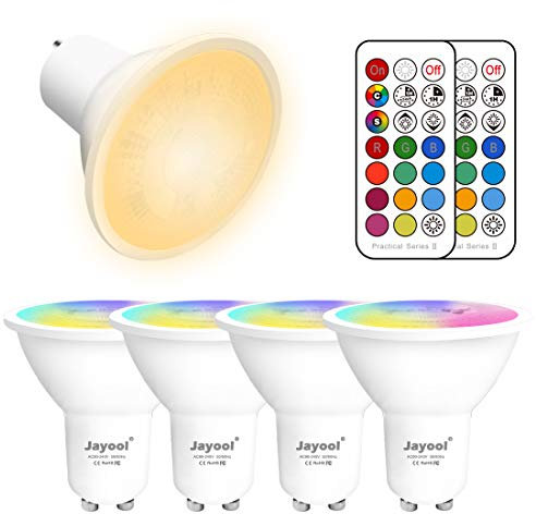Jayool GU10 LED Light Bulbs, Dimmable 5W Colour Changing Spot with Remote, RGB + Warm White, Timer (Pack of 4)