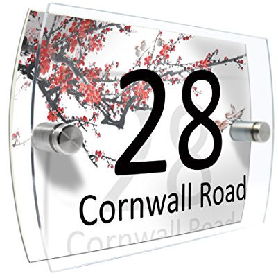 Personalised House Number Sign Printed Plaque Garden Glass Effect Acrylic Sign Door Plate Marble Wall Display 2 Part Branded Acrylic (Plum Blossom on White Background)