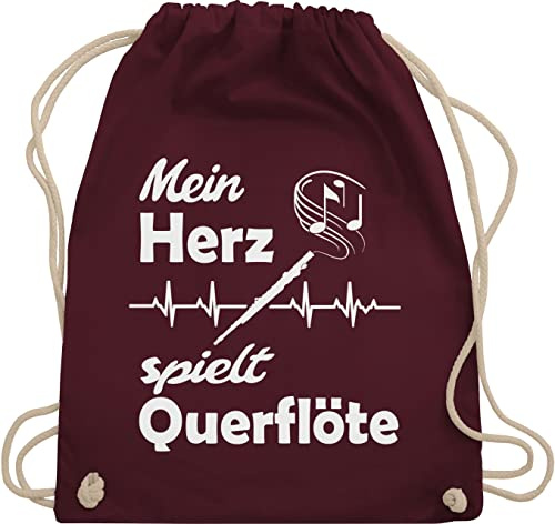 Shirtracer Turnbeutel Rucksack - Musik Instrument Zubehör - Mein Herz spielt Querflöte Herzschlag - Unisize - Bordeauxrot - beutel instrumente kind querflöten stoffbeutel für musiker querfloete
