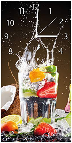 Wallario Design-Wanduhr Tropische Früchte in einem erfrischenden Drink aus Glas, Motiv-Uhr Größe 30 x 60 cm, weiße Zeiger