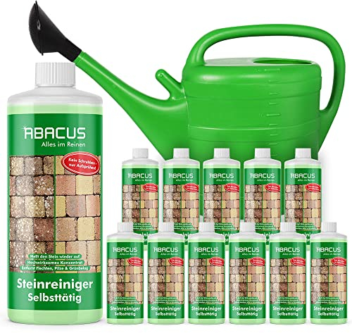 ABACUS® Steinreiniger Set, selbsttätiger Algenentferner & Flechtenentferner, 40% Wirkstoff, gegen Flechten & Algen auf Pflastersteinen – Steinreiniger 12x 1L inkl. Gießkanne (7410.12)