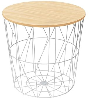 Modern Round Wire Storage Basket Side Table Bedroom Balcony Corner Tea Metal Table Elegant Compact Nest Basket Table Free Standing Bed Side Hinch Versatile (White, Large)