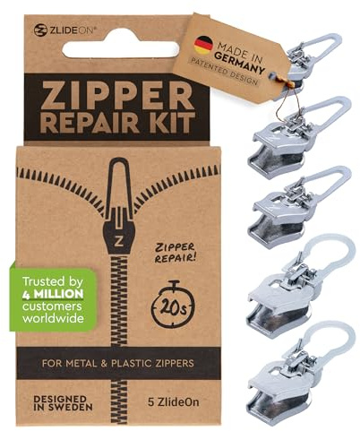 Zlideon Universelles Reißverschluss Reparaturset für Kunststoff- & Metallreißverschlüsse – 5 Stück, Silber | Sofortiger Ersatz-Schieber für Denim, Jacken, Wintermäntel