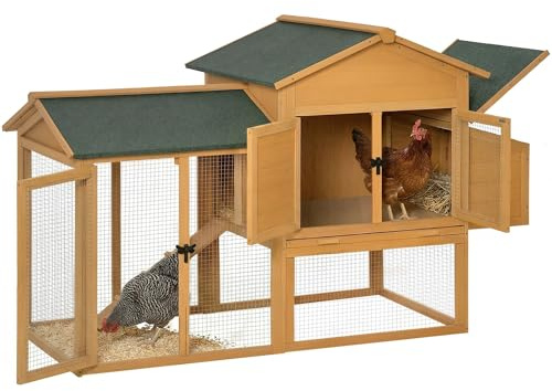 Pawhut Pollaio in Legno con Casetta per Galline e Area Aperta, Nido con Tetto Apribile e Rete Metallica, Giallo, 168x75x103cm