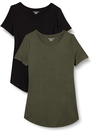 Amazon Essentials Tunica con Scollo Rotondo a Maniche Corte Donna, Pacco da 2, Nero/Verde Oliva, XXL