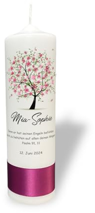 Taufkerze Lebensbaum mit Rosa Blumen