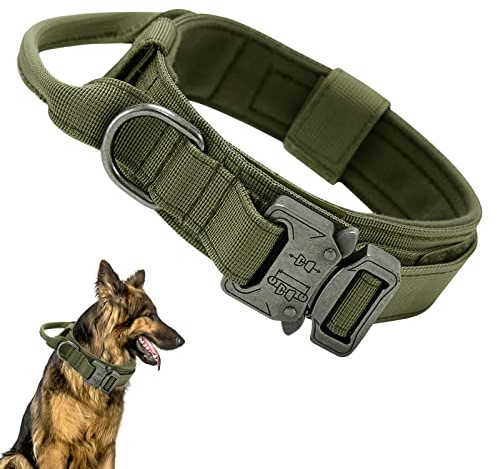 Ledeak Taktisk hundkrage, vadderad andningsbar mjuk nylon husdjurshalsband med tungt metallspänne, justerbart grundläggande militärt hundhalsband med handtag för medelstora hundar (M, grön)