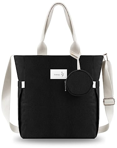 BELICOO Handtasche Damen L, Canvas Umhängetasche Damen Shopper Wasserdicht für schule Einkauf Arbeit Lässige täglich Reisen (Schwarz—L)