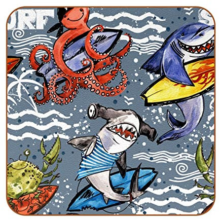 Cool Octopus Shark Crab mit Surfbrett Getränkeuntersetzer 6er Set Leder Untersetzer Auslaufschutz für Tisch Schreibtisch