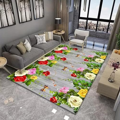 RUGMRZ Area Rug Teppich Draussen Outdoor Flokati Teppich Waschbar Grüne Blätter mehrfarbige Blumen Dekoration im modernen Stil weich und bequem Teppich Eingangsbereich 120 x 190 cm
