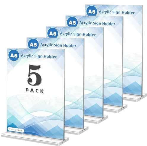Aufsteller A4/A5 Tischaufsteller,5 Stück Acryl Tischaufsteller Doppelseitiges Din A4/A5 Aufsteller T-Ständer Transparent Werbeaufsteller Menükartenhalter Tischaufsteller für Restaurant,Büro,Cafe (A5)