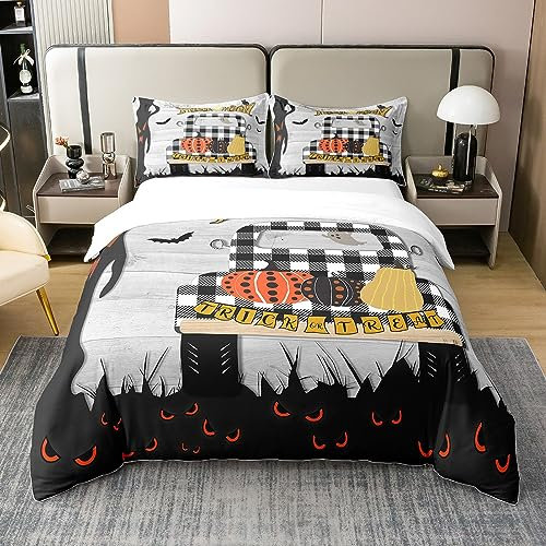 100% Baumwolle Halloween Bettbezug 200x200,Trick or Treat Gothic Fledermäuse Gruselige Bettwäsche Set,Kinder Cartoon Kürbis Tröster Abdeckung,Camping Auto Bett Sets mit 2 Kissenbezüge,Schwarz Weiß