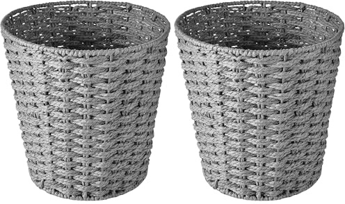 Zuvo Round Wicker Waste Paper Bin and Basket- Rubbish Basket for Bedroom, Bathroom, Offices or Home (Grey) (Pack of 2)