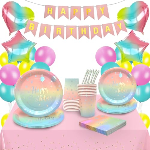 Hukermoon Kit Compleanno Bambina - Set Stoviglie Arcobaleno per 16 Ospiti - Piatti, Bicchieri, Tovaglioli Rosa Usa e Getta Con Palloncino