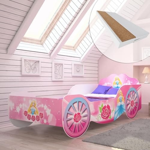 Kids Collective Kutsche Kinderbett Mädchenbett 70x140 | 80x160 mit Rausfallschutz und Matratze | Prinzessin Kinder Spielbett 70x140 cm | von Geburt bis 6. Lebensjahr