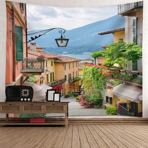 Mesnt Wandbehang Dekor Wandteppich, Berg- und Stadtlandschaft Tapisserie Dekoration für Schlafzimmer Wohnzimmer, 150x150cm