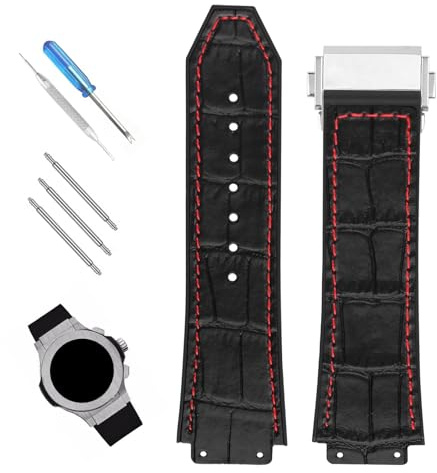 XIW Kompatibel mit 19 mm × 25 mm × 22 mm Hublot Big Bang Lederarmband mit Edelstahl-Schnalle, Ersatz für Herren-Armband (schwarzes Band, rote Linie)