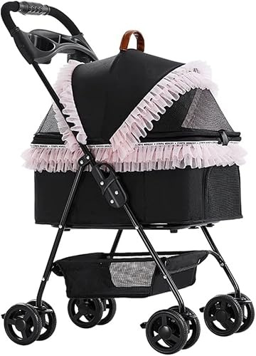 Trennbarer Hunde-/Katzenbuggy für unterwegs, Haustierbuggy für Hunde und Katzen, zusammenklappbarer Hundebuggy, Wagen, abnehmbarer Transportwagen für Katzen und Hunde mit Getränkehalter (Pink) (Pink