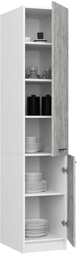 BDW - Colonne Cuisine - Armoire de Rangement 40 cm de Largeur, 205 cm de Hauteur, 57 cm de Profondeur - Spacieuse pour Provisions - Blanc/Béton