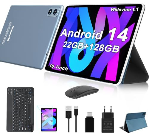 fezawio Tablet 10 Pulgadas Tablets Android 14, 22GB Ram+128GB ROM Octa-Core Tablets 5G WiFi, 8000 Mah, (1tb TF) Tablet con Teclado y RatóN- Gris
