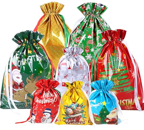 OWill 30 Piezas bolsas regalo navidad con Cordón,bolsas de navidad,tamaño grande, mediano y pequeño,para regalos de envoltura de Navidad