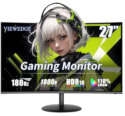 Viewedge Monitor curvo para juegos de 27 pulgadas, 180 Hz, 1 ms, 1080p, monitor de computadora | Pantalla VA 1800R, 120% sRGB con FreeSync, desenfoque de movimiento bajo, HDMI y DP, altavoces integrados