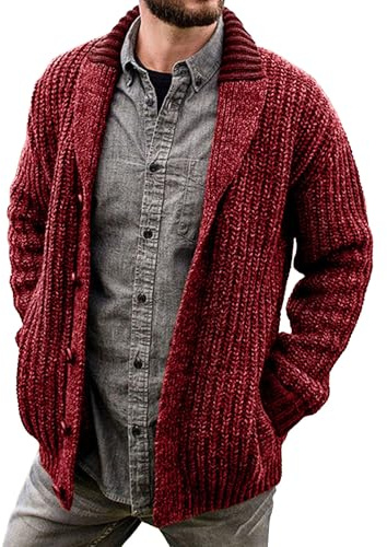 Gsywaipei Men's Thick Knitted Sweater Jacket Classic Long-Sleeve Men Knit Sweaters Coat Shawl Collar Button Knits Cardigans, Red, 5XL