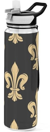 Mnsruu Transparente Sport-Wasserflasche mit Strohhalm, auslaufsichere Trinkflasche, Vintage-Stil, goldene königliche Fleur de Lis, Fahrradflaschen für Sport, Büro, Schule, BPA-freier