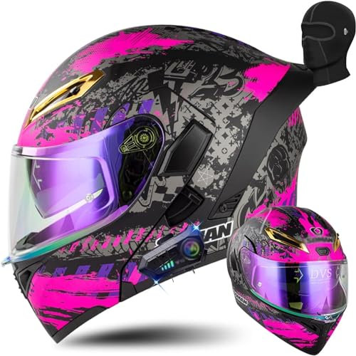 ZHTBATE Motorcycle Helmet Flip Up Bluetooth Anti-Fog Double Visor Full Face Flip Up Motorbike Locomotive Helmet Built-in Speaker Headset Microphone for Automatic Answering ECE Approved