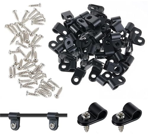 50 Pcs Black R-Type Cable Clips, With Stainless Steel Screws, P Clips, Outdoor Wire Clips, R Shaped Wire Cable Cleats for Electrical Cable Wire Conduit Cable Fixings Wire Clamps
