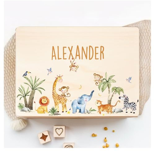 Little Deco Personalisierte Erinnerungskiste Baby Holzkiste | L - 40 x 30 x 22 cm | Dschungeltiere Geschenk zur Geburt Taufgeschenk Spielzeugkiste Geburtstagsgeschenk Jungen & Mädchen XHL1015-02