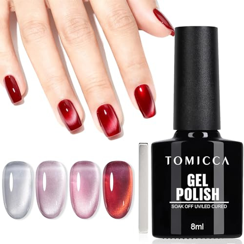 TOMICCA Cat Eyes UV Nagellack, 4 Farben Burgund Rot Hellviolett Silber Glitzer Gel Nagellack Set Mit Magnet, UV Gel Nägel Polish für Anfänger DIY Home & Nail Art Maniküre Salon, 8ML