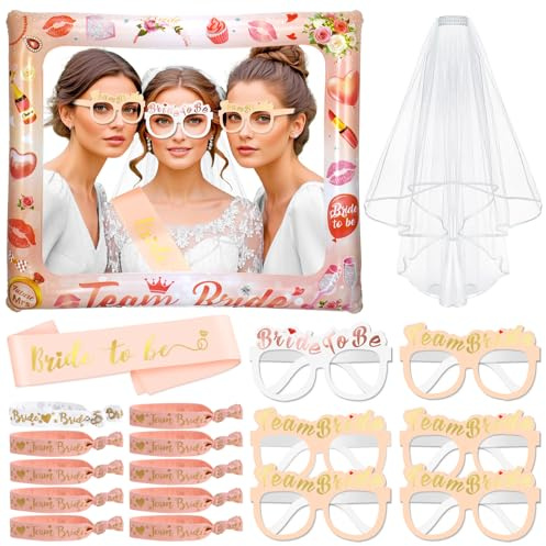 HOWAF 20 Pezzi Gadget Addio al Nubilato Sposa e Amiche, Velo Sposa Addio al Nubilato Gadget, Bride to be Fascia Addio al Nubilato Team Bride Cornice Gonfiabile Occhiali Addio al Nubilato Bracciali