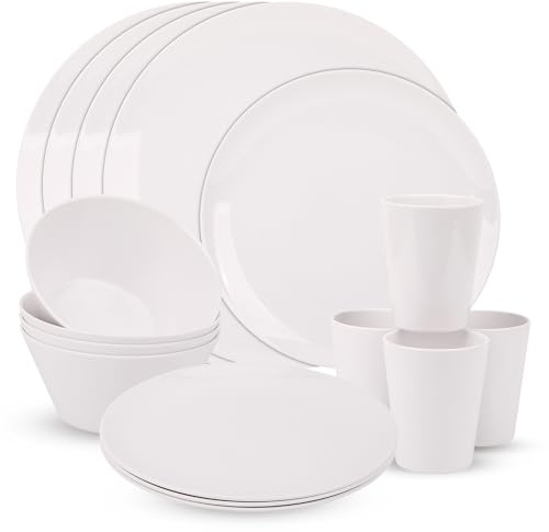 WedDecor 16Pcs White Melamine Dinnerware Sets for 4 People